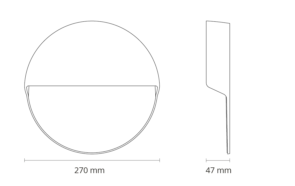 Måttritning av vägglampan SG Arlon Round med en diameter på ca 270 mm och ett djup på 47 mm