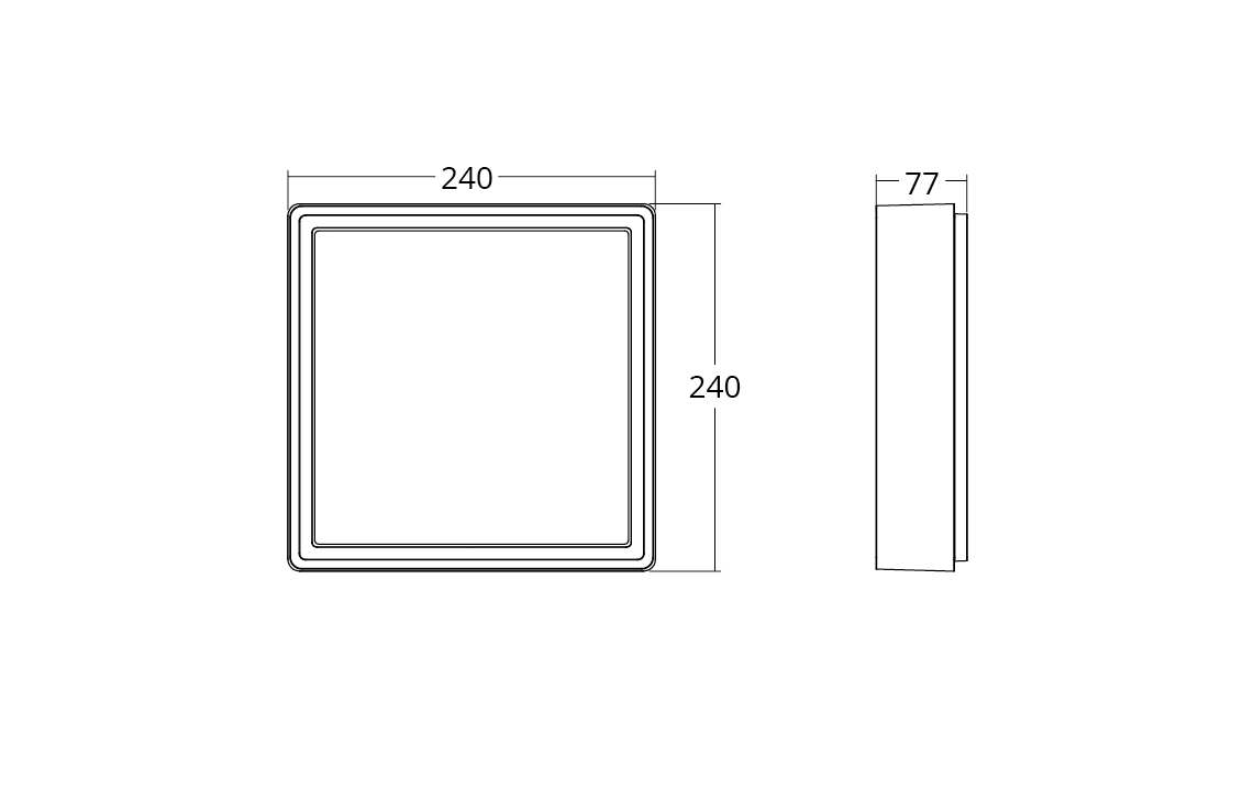 SG Frame Square svart vägg-/takarmatur, måttritning 240 × 240 × 77 mm, artikelnummer 605251