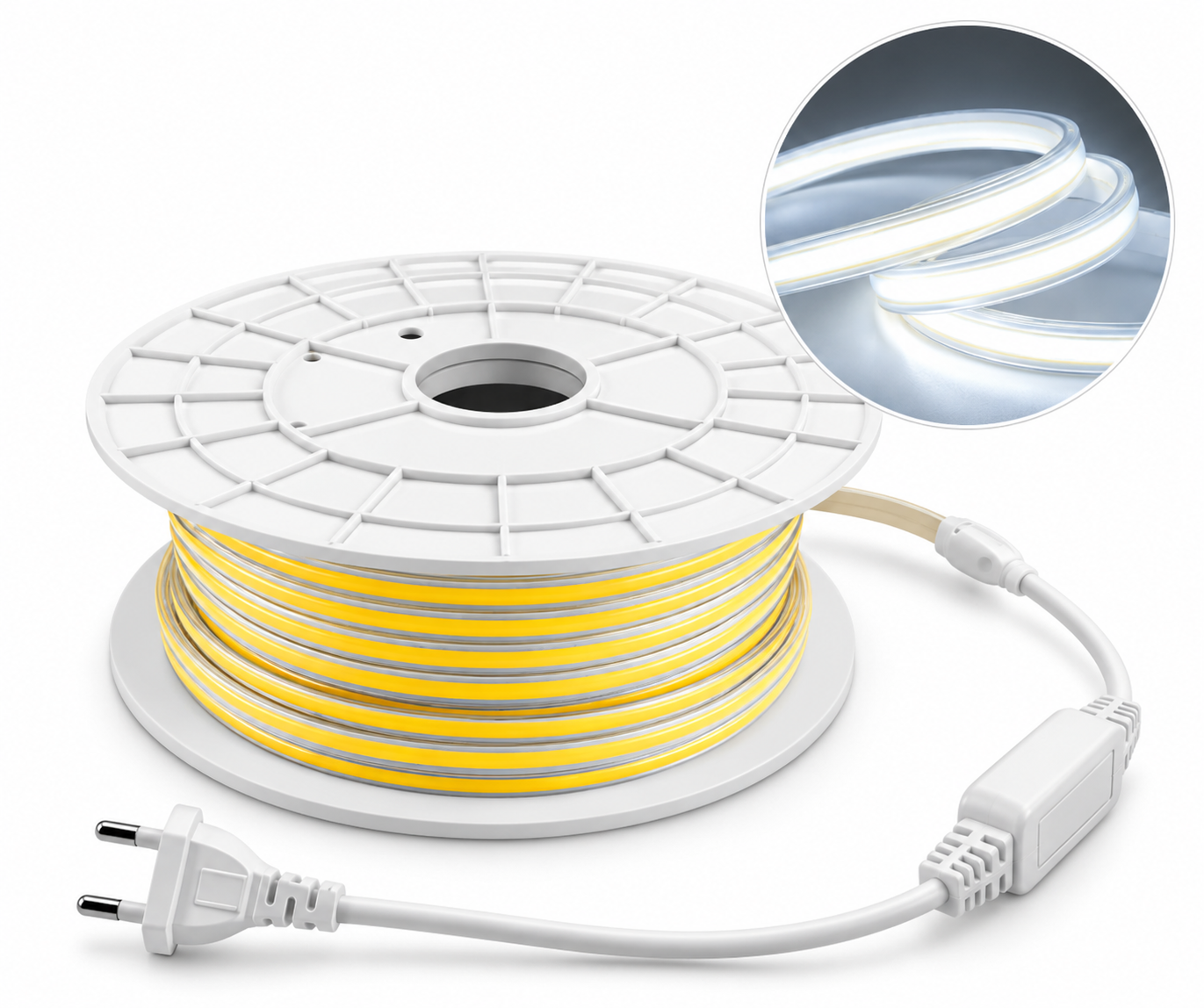 230V COB LED bånd 6000K IP65 med koldt hvidt lys på hvid kabeltromle